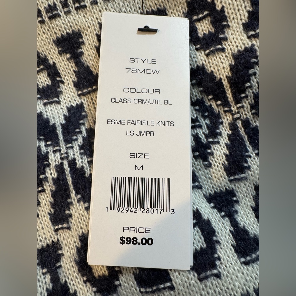 French‎ Connection Fair Isle Black/Cream Knit Crew Sweater. Women’s Medium. NWT. - Picture 4 of 5